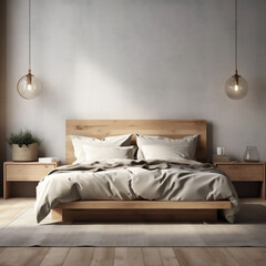 modernes Schlafzimmer mit viel Holz und Beton, AI generiert