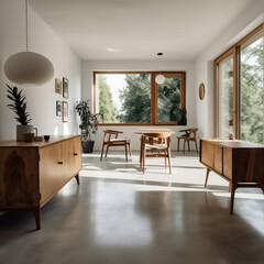 modernes Wohnzimmer mit Holz, Beton und gro&szlig;en Fenstern, AI generiert