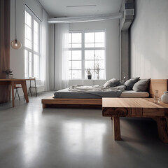 modernes Schlafzimmer mit viel Holz und Beton, AI generiert