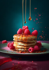 Leckere Pancakes mit Himbeeren und Honigso&szlig;e, AI generiert