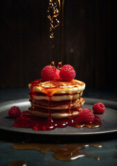 Leckere Pancakes mit Himbeeren und Honigso&szlig;e, AI generiert