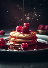Leckere Pancakes mit Himbeeren und Honigso&szlig;e, AI generiert