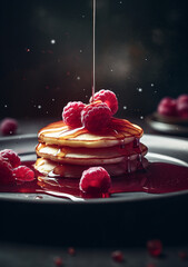 Leckere Pancakes mit Himbeeren und Honigso&szlig;e, AI generiert