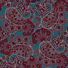 Turkish Cucumber Paisley. Seamless vector pattern in traditional oriental style with flowers, leaves and fantasy elements. Fabric and wallpaper cover