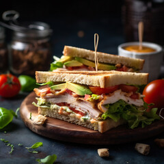 Saftiges Gefl&uuml;gelsandwich mit frischen Tomaten und knackigem Salat, generative AI