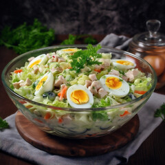 Gesunder Salat mit frischem Gem&uuml;se und saftigem Gefl&uuml;gel, generative AI