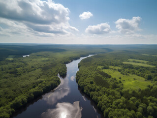 This photo captures the beauty of a green landscape with a flowing river, featuring shades of emerald and lime. The scene includes trees, bushes, and rocks, creating a peaceful and rejuvenating atmosp