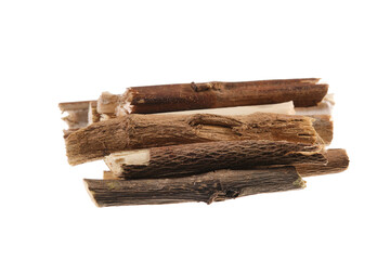 Pieces of Bodhi tree wood (Ficus religiosa), isolated on white background, frontal view