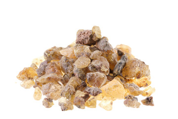 Pile of copal oro, a tree resin from south or central america, isolated on white background
