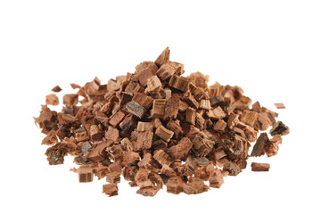 Pile of pieces of oak bark (Quercus), isolated on white background