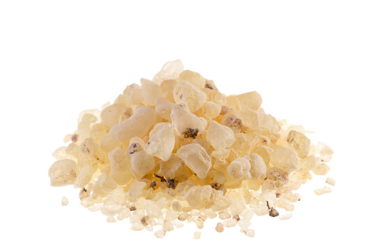 Pile of white dammar (Vateria indica), a tree resin, isolated on white background