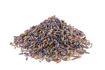 Pile of dried lavender blossoms (Lavandula angustifolia), isolated on white background