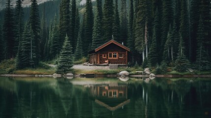 Fototapeta premium Peaceful Lake Cabin, Captured Moment Aesthetic, Rich Emerald and Earthy Brown Hues, Calming Hideaway, Stock Photography. Generative ai illustration
