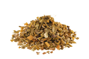 Pile of dried mistletoe (Viscum album), isolated on white background