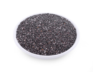 Chia seeds in bowl isolated on white background.