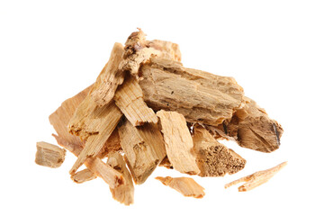 Pile of cut pieces of Palo Santo sticks (Bursera graveolens), known als holy wood, isolated on white background