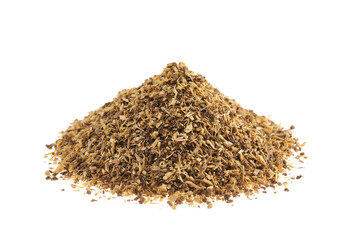 Pile of dried licorice root (Glycyrrhiza glabra), isolated on white background
