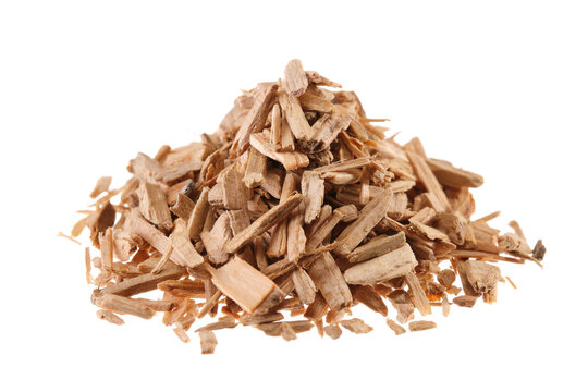 Pile of cedar wood chips (Cedrus), isolated on white background