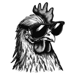 cool chicken wearing sunglasses, hen illustration  - obrazy, fototapety, plakaty