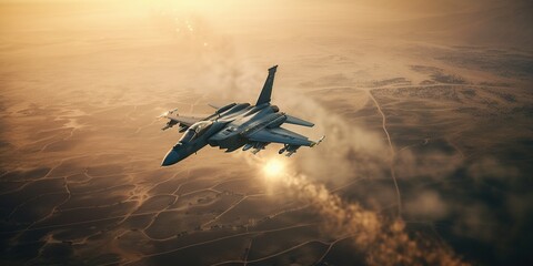 Naklejka premium Military fighter from a bird's eye view. Crossing the bombing site of a target during a special operation. Firing area. Generative AI