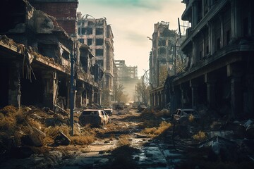 Apocalyptic view of destroyed city buildings, post-apocalypse after world war. Generative AI