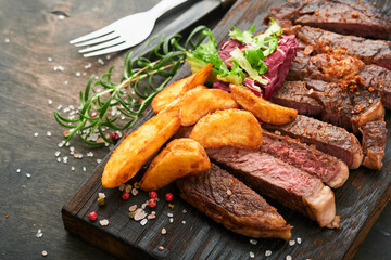 Steaks. Sliced grilled meat steak New York, Ribeye or Chuck roll with with garnished with salad and french fries on black marble board on old wooden background. Top view. Mock up.