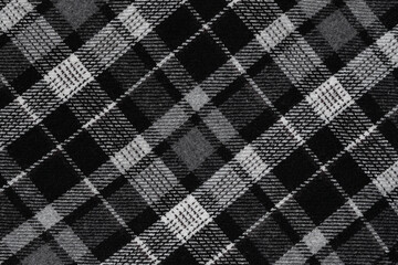 Black and white texture of a plaid fabric from a factory fabric for clothes. checkered clothes background.