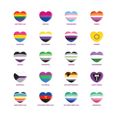 Different pride flag meanings icon set vector. LGBTQIA flag in heart shape collection vector. Pride flags with names design elements. Different types of gender flags isolated on a white background
