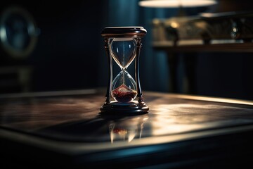 An elegant hourglass on a glossy table with a reflective surface. Countdown. Generative AI