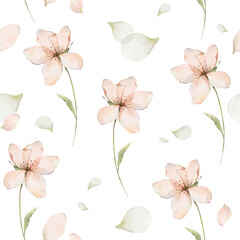 Blossom spring flowers seamless pattern fabric background, textile or wallpapers in provence style. Floral pattern with abstract pink flowers, leaves and petals. Watercolor illustration.