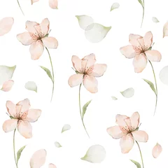 Deurstickers Aquarel prints Blossom spring flowers seamless pattern fabric background, textile or wallpapers in provence style. Floral pattern with abstract pink flowers, leaves and petals. Watercolor illustration.