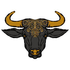 Bull, cow, bull head with golden horns	