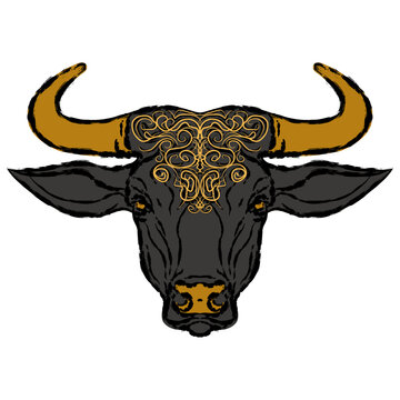Bull, cow, bull head with golden horns	