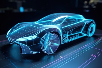 Innovative car. Car design with digital tablet app. Development of a modern high-tech electric vehicle with sustainable standards. Aerodynamic tests. Generative AI