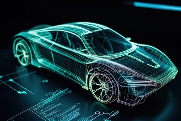 Development of a modern innovative electric vehicle with sustainable standards. Car design using digital tablet app. Aerodynamic tests. Generative AI - obrazy, fototapety, plakaty