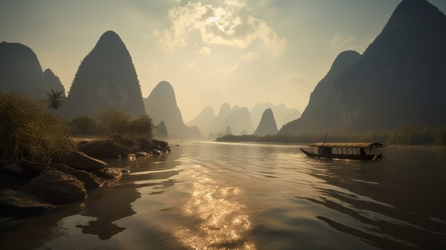Nature's Canvas: Framing the Majestic Landscape of Li River with a Boat as Foreground