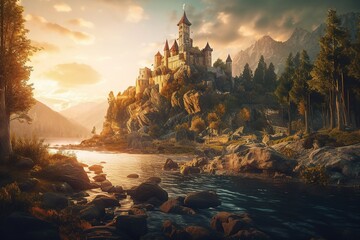 Medieval castle on an island with a river at sunset, fantastic mountain landscape. Generative AI