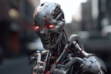 Creepy evil robot with red neon eyes. Chrome robot. Artificial intelligence. Ruined city. Futuristic. Generative AI