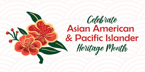 Asian American, Pacific Islander Heritage month vector banner with oriental wave pattern background and asian style peony blossom. AAPI celebration.