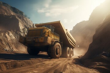Mining dump truck. Big truck in the sand. Construction. Sandy career. Generative AI