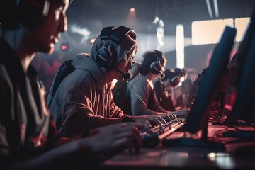 An esports match in the gaming arena, some players against other players. Confrontation. cybersport. A big sporting event in the gaming world. Generative AI