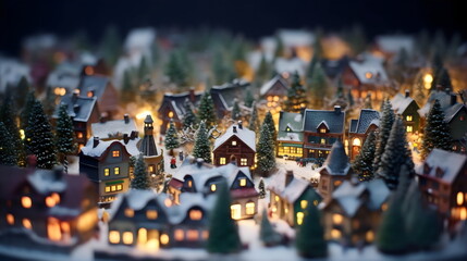 miniature christmas village with snow and warm lights on cold night, made with generative ai