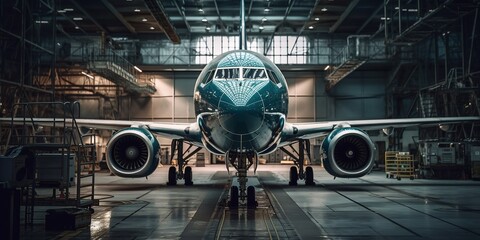Aircraft in the hangar. Front view. Aircraft maintenance, aircraft repair concept. Generative AI - obrazy, fototapety, plakaty