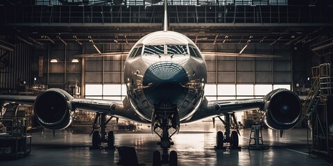Aircraft in the hangar. Front view. Aircraft maintenance, aircraft repair concept. Generative AI