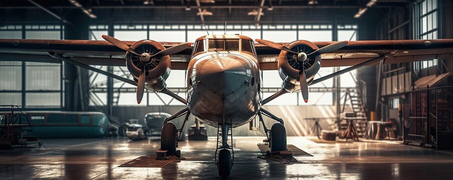 Retro plane in the hangar. Front view. Vane engine. Storage. Aircraft maintenance, aircraft repair concept. Generative AI