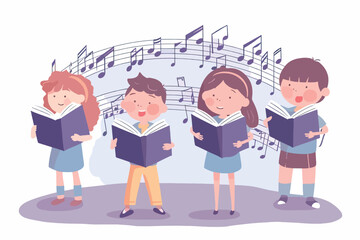 oung students with books harmonize in school chorus. Small children holding textbooks perform onstage. Music, recital. Vector graphic