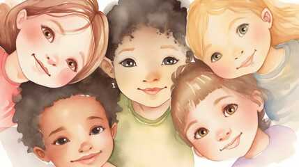 watercolor of group of 5 cute diverse kids with heads together close up, made with generative ai