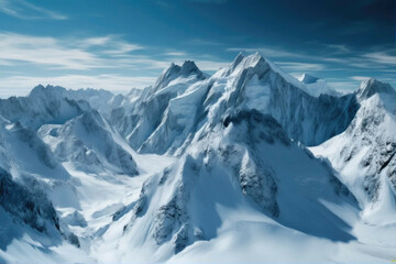 Obraz premium A snow-covered mountain range with a clear blue sky. - Generative AI