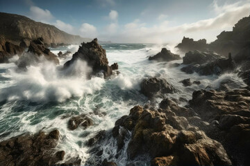 A dramatic and rugged coastline with crashing waves and rocky cliffs. - Generative AI