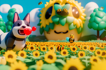 Dogs romping in a sunflower field. Generative AI Illustration
